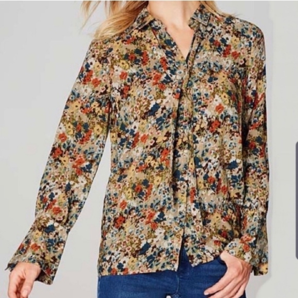 J. Jill Wheat Painterly Floral Flower Fabric Button Bell Sleeve Blouse SZ S